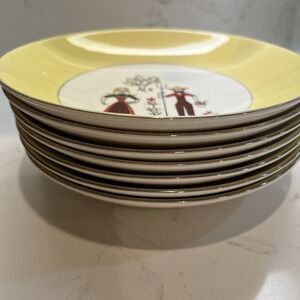VTG Homer Laughlin 'Farmers Wife' Soup Salad Bowls Set Of 6 Chickens Yellow MCM